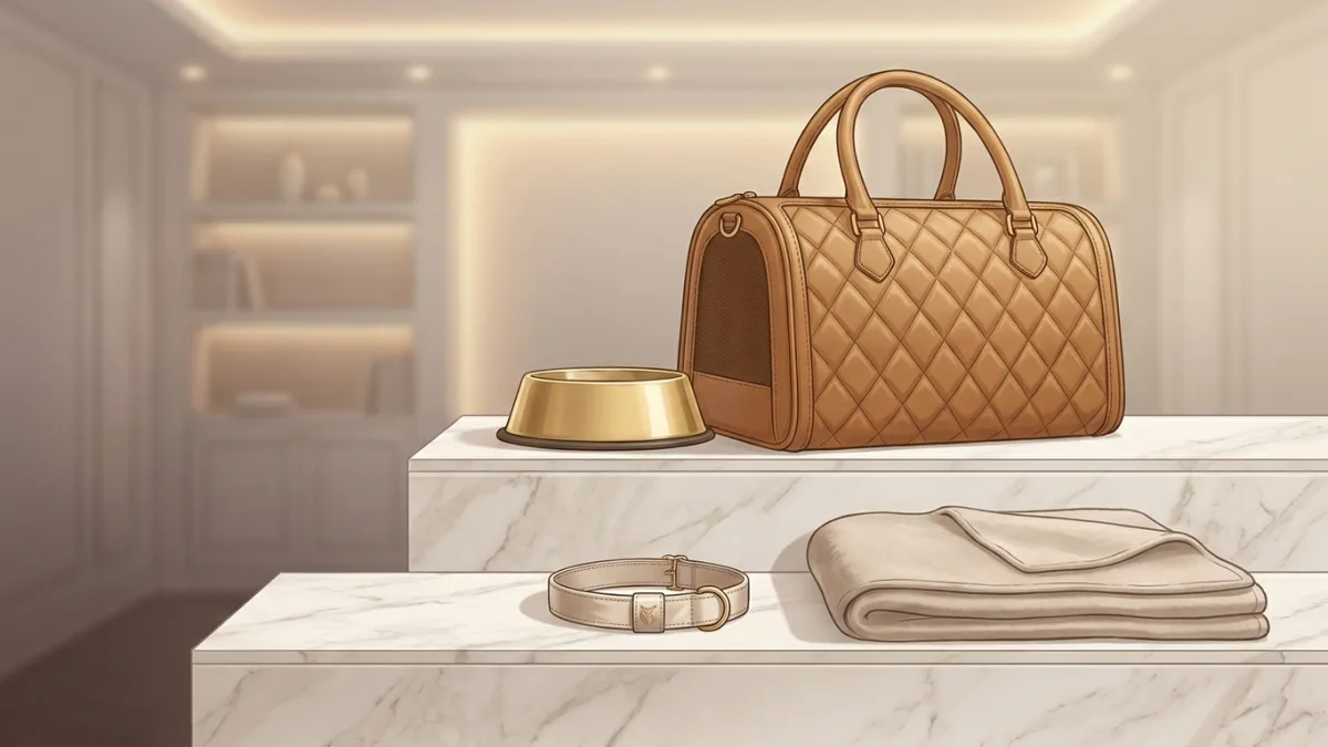 A designer leather dog collar and a plush velvet pet bed showcase premium pet gifting.