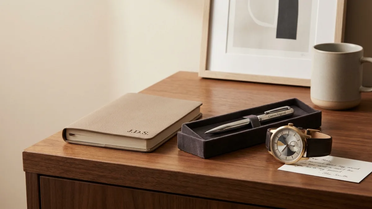 A custom engraved leather wallet and monogrammed watch showcase unique personalized gifts for men.