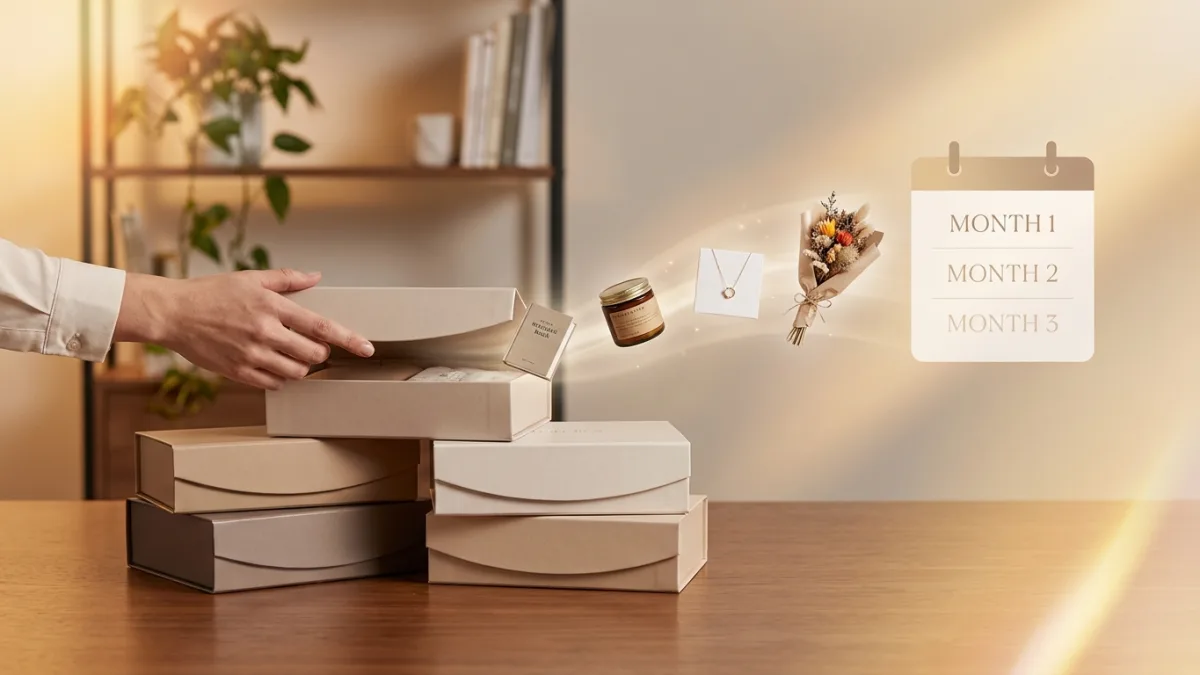 An open monthly subscription box reveals carefully curated and specialized gifts.