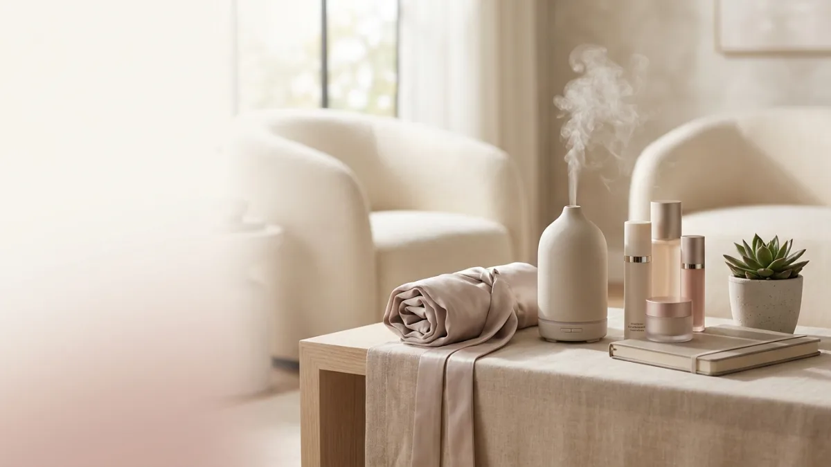 Curated collection of trending wellness and self-care gifts for her displayed beautifully on a table.