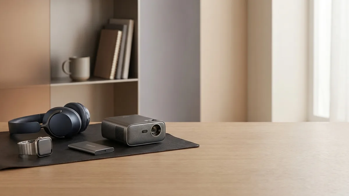 Modern wireless earbuds and smart tech gadgets arranged neatly on a stylish wooden desk.