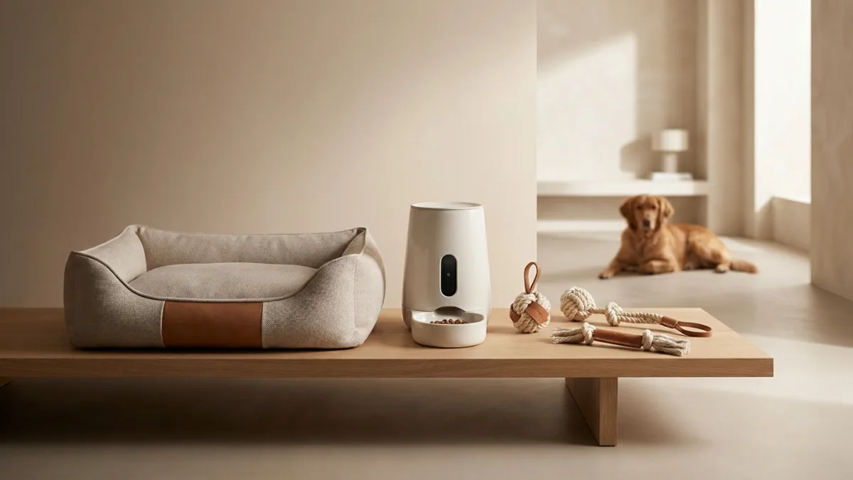 A happy dog and a curious cat sitting together surrounded by popular trending gifts and modern interactive toys.